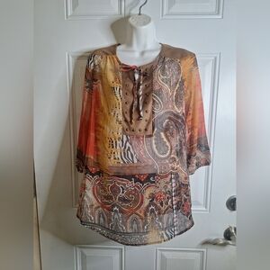 French Blue 3/4 Sleeve Studded Tie Front Boho Paisley Sheer Peasant Blouse Top